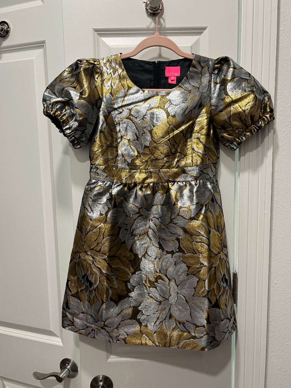 Lilly Pulitzer Girls Metallic Gold Silver Floral Brocade Dress Puff Sleeve 12